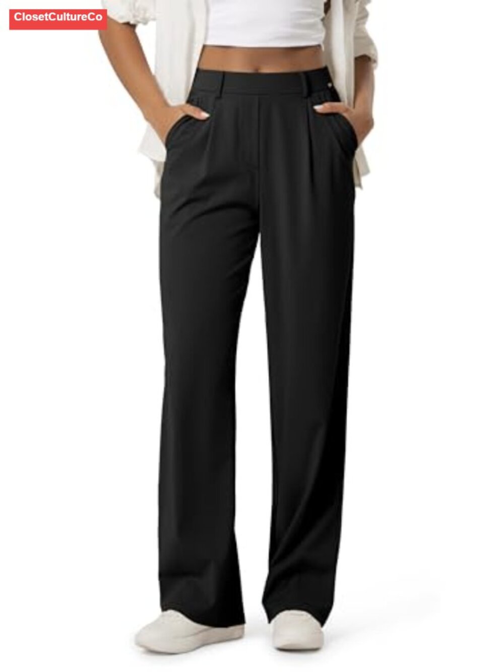 High-Rise Wide Leg Trousers Tailored Stretch Work Pants with Pockets